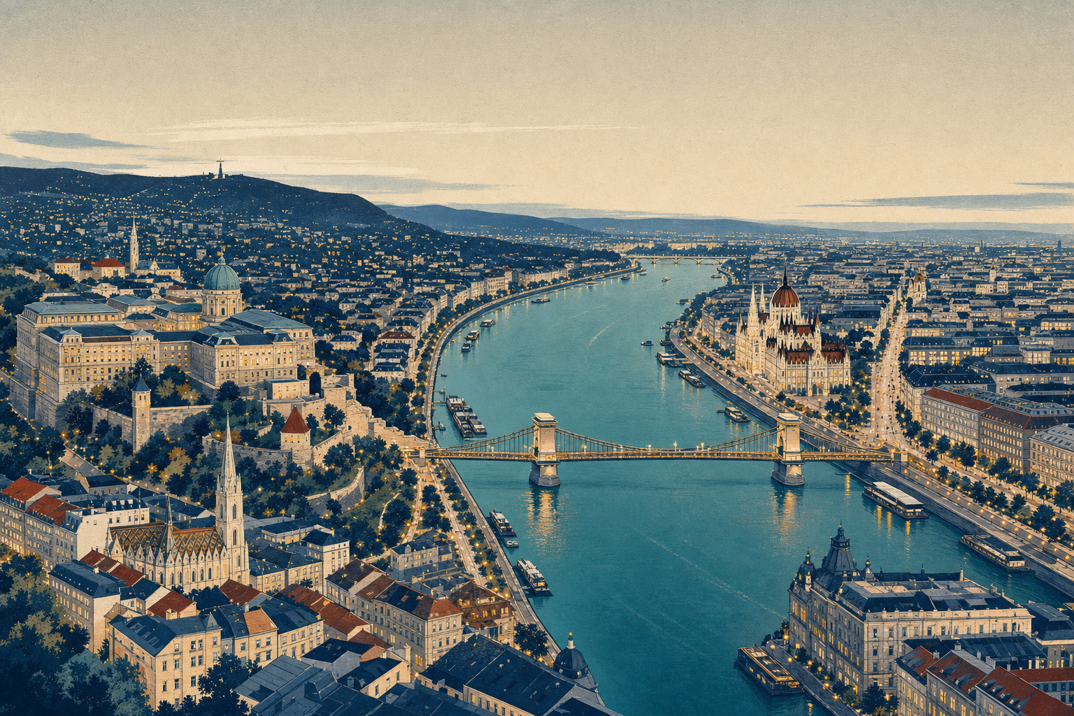 Editorial illustration showing hilly Buda on the left, the Danube and a bridge in the centre, and Parliament on the flatter Pest side.