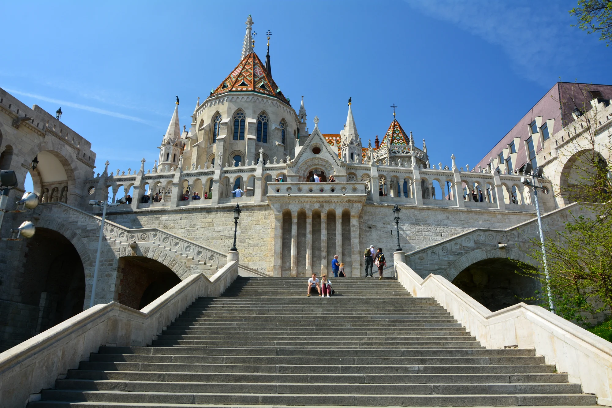 Fisherman’s Bastion and its broad stone staircase in Budapest.